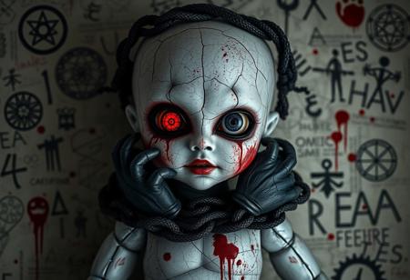 Create a haunted, creepy doll with large, blood-red eyes and disturbing, twisted features. The doll’s face is pale and cracked, covered in strange symbols and scribbled writing. One eye is exaggeratedly large, glowing with an ominous, red hue, while the other is small and lifeless. Her body is bound by dark, intertwined hands that act like chains, wrapping around her head, arms, and neck. Blood spatters and dark stains cover her face and body, adding to the unsettling atmosphere.
The background is filled with disturbing sketches, symbols, and frantic, chaotic text, blending into a creepy, clinical, and ominous scene. The color palette focuses on grays, blacks, and deep reds, creating a chilling, horror-inspired aesthetic. Include gory details, such as blood splatters, stitched wounds, and unsettling abstract symbols that give the doll a nightmarish, haunted presence. The overall vibe should be eerie, dark, and grotesque.