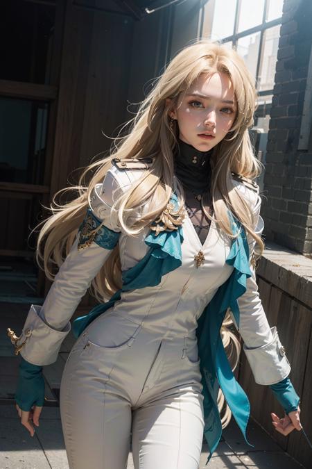 Ultra Detailed, 50mm, official art, unity 8k wallpaper, ultra detailed, aesthetic, masterpiece, best quality, photorealistic,
1girl, <lora:Luocha_fm_v11:1>, luocha, blonde hair, long hair,  white coat, black shirt, white pants, blue ascot, blue armband, blue vest, black gloves, dynamic pose, dynamic angle