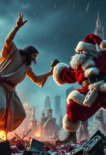 An epic movie style still of Jesus Christ and Santa Clause engaged in an epic duel to the death. The battle has waged on for hours, both fighter exhausted begin their final assault. Blood and carnage everywhere, the city lies in ruin