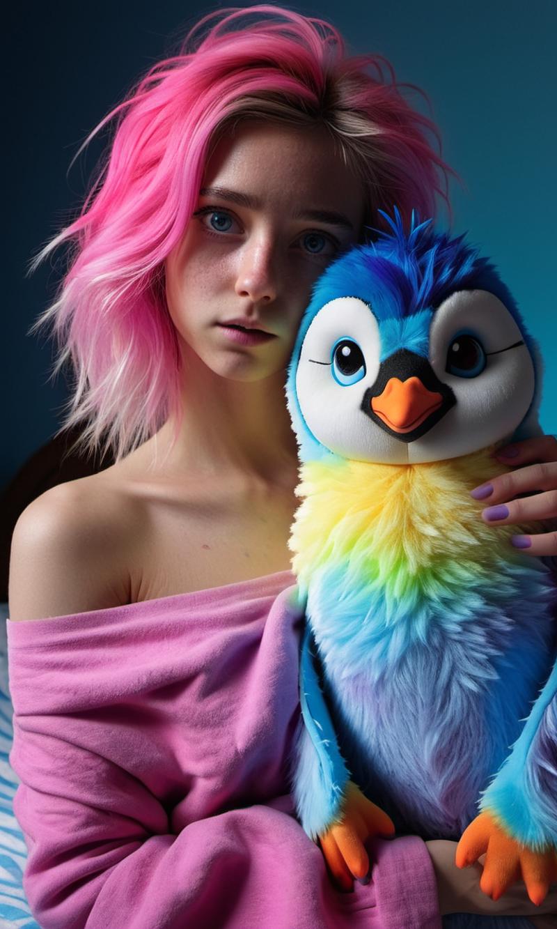 A girl with pink hair holding a blue and white stuffed penguin.