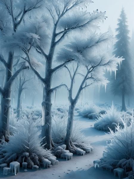 A mystical forest of ais-icebaby trees, their branches glistening with frozen dewdrops.<lora:Ice_Style_SDXL:1>