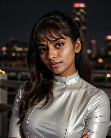 a photo of a pretty 30-year-old woman, desiespresso, professional portrait photo,Nose scrunch of amusement look on face, high neck Silver __desiespresso_clothes__, high ponytail and bangs, soft lighting, solo, night time, city bokeh lights <lora:Desi_Coffee_V3_SD15_LoRA_prodigy_local_regs:0.8>