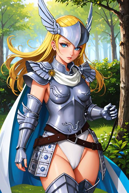 arianrhodsmt, armor, helmet, long hair, gauntlets, blonde hair, cape, blue eyes, white leotard, boots