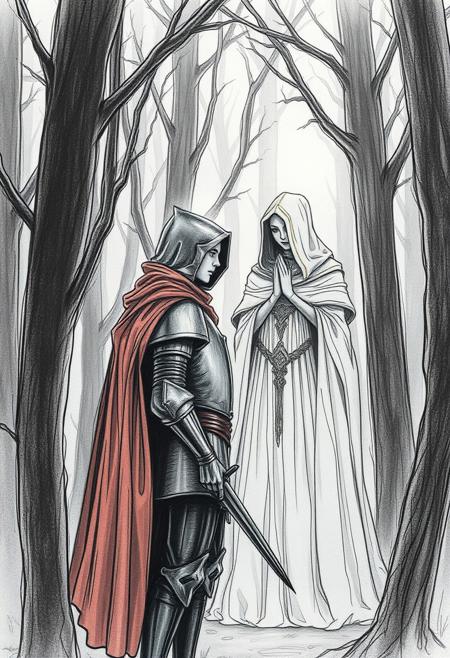 Gentle, soft light hand-drawn sketch with a dreamy atmosphere. Knight and mysterious figure in a dark forest. Pre-Raphaelite and comic book styles combine. Hazy, soft light, rough lines, textured pencil strokes, white background, subtle illumination. Rich, moody palette, expressive linework, classical elegance and contemporary comic style, intricate expressions, realistic stylization, flowing fabrics, ornate details.