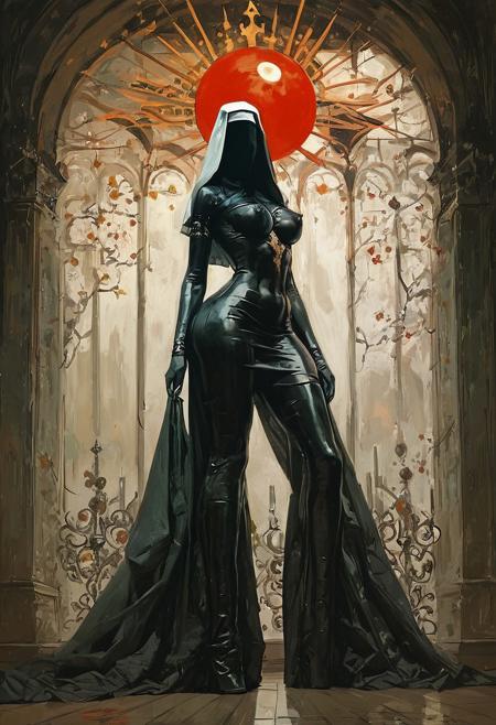 ((score_9, score_8_up, score_7_up)), (((character design, sci-fi warrior women, feminine power, perfect anatomy))), olivier ledroit "Requiem" style, midnight, mysterious, 
An enigmatic figure of a (satanic)nun(caucasian), her red and black (seamless)habit skintight sexy, conducting a sensual satanic ritual inside a dark cathedral during night under a full red eclipse. Her (eyeless)mask, (fully)conceals her identity, adding to her mystique and allure., latex stiletto platform thigh boots, perfect breasts tiny waist, naughty, looking at viewer, seducing with her body, dancing towards viewer with her arms extending up, sexy ass seductive wide hips, butt cheeks, twerk, huge perky breasts, in the style of a vintage, high-contrast setting. Emphasize theatrical elements with bursts of bright colors against dark, moody backgrounds
,big butt, booty, bubble butt, <lora:add-detail-xl:2>