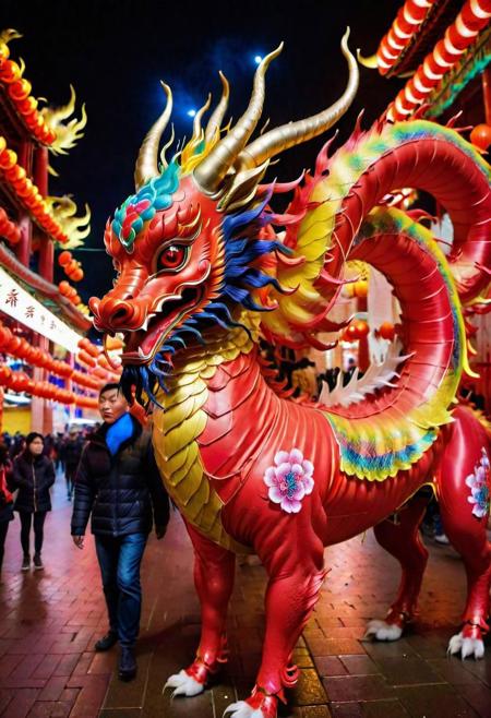 A vivid and ((multicolored Qilin), midnight, in a chinese red lantern festival street with people walking around), magnificent horns, vibrant feathers, majestic and legendary, captures attention with its vibrant hues, colorful high contrast, from china, festival of rich colors, hong kong, epic colors, formidable, rain, eyes lit, standing in the dark, anamorphic lens flares 4k, best of behance, holy flame crown spell, creative commons attribution, wallpaperflare, steven jung, trending on mentalray, hyper realstic, featured on pexels, big horn, highly beautiful, casting a magic spell, color overlay, =	,