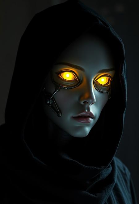 The image depicts a photorealistic portrayal of a young woman humanoid figure with a highly detailed and eerie appearance. The character's face is a blend of human and robotic features, with a smooth, metallic surface covering parts of the skin. Mechanical elements are visible around the eyes and cheeks, hinting at a cybernetic or android identity. The eyes glow bright yellow, emitting an intense, almost otherworldly light, contrasting with the dark, shadowy background.
The figure is dressed in a black hooded cloak, which blends into the dim surroundings, giving the character a mysterious, almost ominous presence. The hood covers much of the head, leaving the illuminated eyes as the most striking feature. The atmosphere is dark, industrial, and dystopian, with subtle texture on the clothing suggesting rough, worn materials. The lighting emphasizes the cold, mechanical aspects of the character’s face, adding to the unsettling yet captivating mood. The attention to detail in the textures of the metal parts and the shadows on the cloak creates an impression of photorealistic precision. (8k, RAW photo, best quality, ultra high res, depth of field:1.1), (absurdres, intricate, photorealistic, masterpiece, ultra-detailed)