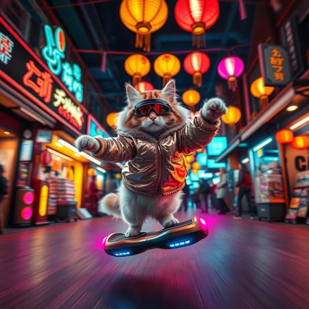 A vibrant, neon-lit scene of a fluffy cat in a shiny jacket and visor goggles zipping through a futuristic street market on a sleek hoverboard. The cat performs a trick mid-air, with one foot extended and the other curled. Market stalls glow with LED signs, and holographic lanterns float overhead. The cat's face shows pure exhilaration, with blurred motion trails highlighting the stunt.