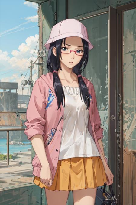 (masterpiece, best quality:1.2), <lora:beelzebub_kunieda-10:0.7>, cowboy shot, solo, 1girl, kunieda aoi \(casual\), expressionless, closed mouth, blue hair, hat, glasses, semi-rimless eyewear, under-rim eyewear, pink jacket, yellow skirt