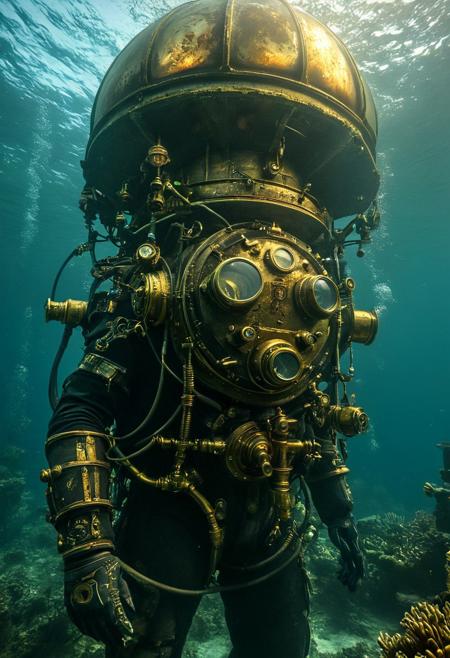 Underwater steampunk city, 8K, photorealistic, ((masterpiece, hyper-detailed)), crystalline waters, brass and copper structures, highres, ultra-sharp focus, A vast submerged metropolis of Victorian-era buildings and clockwork mechanisms. Giant glass domes protect intricate gardens while schools of mechanical fish swim between ornate spires. Steam billows from underwater vents, creating a mysterious haze. In the foreground, a diver in an antique diving suit operates a complex brass control panel, illuminated by the warm glow of bioluminescent sea creatures.