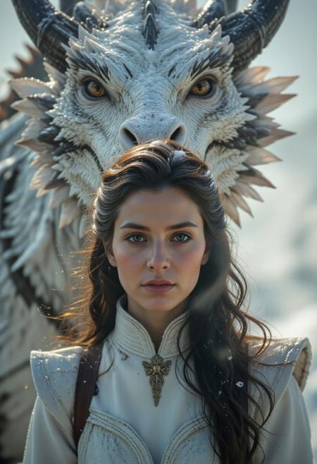 Her eyes, framed by thick lashes and brows shaped by the wind, gleam with calm determination, and her slightly parted lips shimmer with a hint of moisture from the cold air. Fine snow particles swirl around her, sparkling in the warm backlight like tiny stars. The camera, positioned slightly below eye level, emphasizes her quiet strength and mystique. Behind her—massive and half-shrouded in shallow depth—looms a white dragon. Its body is covered in thick, overlapping scales like cracked porcelain, matte in some areas and faintly iridescent in others. Along its spine and wings, the white gives way to charcoal-gray ridges and darker, mineral-like plates, as if its back had been forged from obsidian veins beneath glacier ice. The contrast gives the creature an ancient, elemental look. Its wings are folded close, massive and leathery, with a thin membrane that glows faintly where the sun filters through. Steam rises gently from its nostrils with each breath, curling upward and catching the light. Its head, regal and angular, carries scars of age and battle—faint grooves and rough textures etched across its jaw and brow. Its eyes are deep-set and amber-gold, with vertical pupils that glint with intelligence, locked on the woman not in aggression, but in quiet recognition. Snow clings to its horns and the edges of its wings, melting slowly from the creature’s warm body. ajnatubli