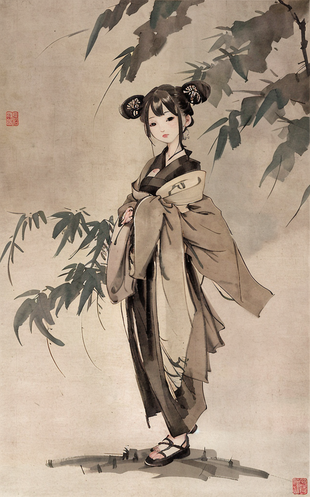 shukezouma, negative space, , shuimobysim , <lora:shuV2:0.8>, portrait of a woman standing , willow branches, (masterpiece...