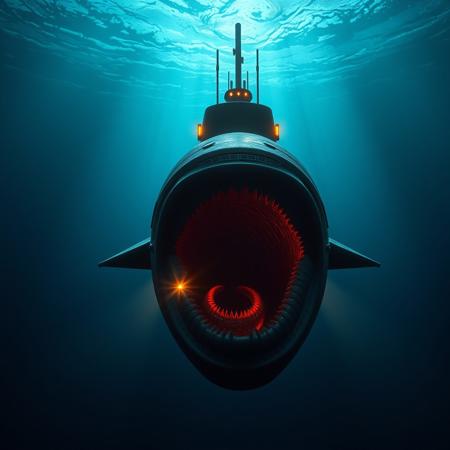 megalophobia, thalassophobia, a submarine sailing on the ocean floor with its lights pointing forward, the front of the submarine has an abyssal monster with its mouth open ready to swallow it, it is not possible to estimate its size, but the monster makes the submarine seem insignificant