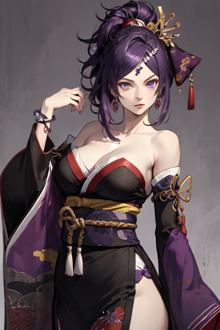 NohimeWarriors, 1girl, solo, large breasts, hair ornament, cleavage, bare shoulders, jewelry, purple eyes, purple hair, earrings, detached sleeves, japanese clothes, kimono, 