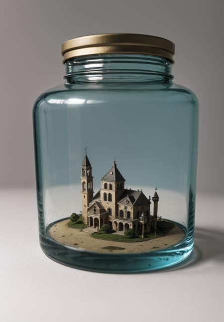 miniature world,no human:1.2, <lora:Miniature world(final1):1>,glass jar, a town in the jar