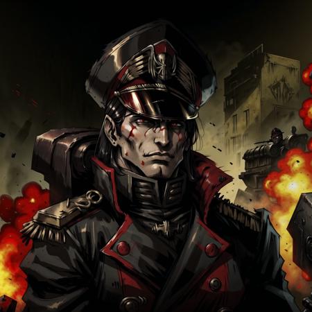 warhammer 40k commissar, walking, battlefield, artillery, dark uniform,
<lora:warhammer 40k commissar:1>