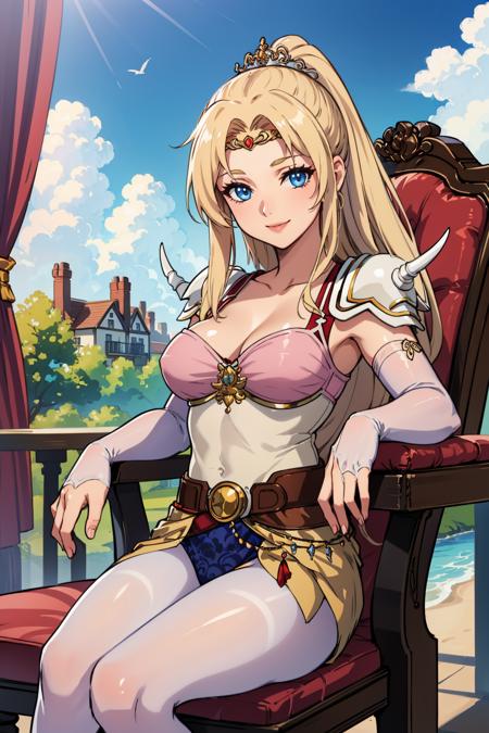 rosafarrell shoulder armor, circlet, cleavage, cape, camisole, clothes around waist, white pantyhose