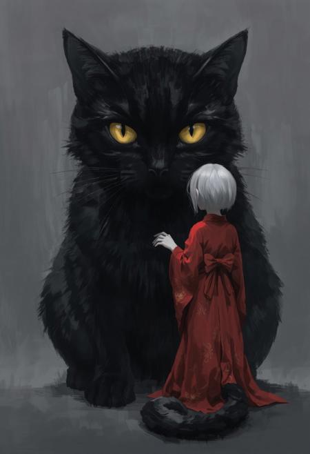 breathtaking breathtaking a digital painting in a fantasy and surreal style. The focal point is a large black cat sitting with striking yellow eyes that dominate the composition. The cat's fur is rendered with textured brushstrokes, giving it a sense of depth and realism. The cat's face is close to the ground, with its ears slightly tilted, creating a sense of curiosity and attention.
Standing in front of the cat is a small silhouette of a girl seen from behind with a pale, almost ghostly appearance. The figure has short, white hair and is dressed in a bright red kimono decorated with intricate gold patterns. The kimono flows gracefully to the ground, adding a sense of movement and elegance to the scene. The girl reaches out to the large cat.
The background is minimalistic, with a gradient of dark to light gray tones, giving a sense of depth without distracting from the main subjects. The overall mood of the image is serene yet slightly eerie, with the large cat towering over the smaller figure, the large cat staring sternly and menacingly at the smaller figure creating a dynamic and somewhat intimidating relationship between the two.
The textures in the painting are rich and detailed, with emphasis on the soft fur of the cat and the smooth, flowing fabric of the dress. The overall colour palette is dominated by cool tones, with the exception of the bright red dress.
