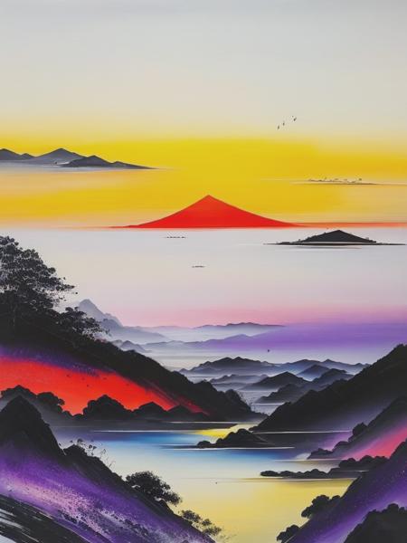 <lyco:WuGuanzhong:1.0> art style of Wu Guanzhong, a purplish and yellowish colorful sunset from the mountain view, sunset full of different colors such as purple blue red orange yellow, traditional Chinese ink painting