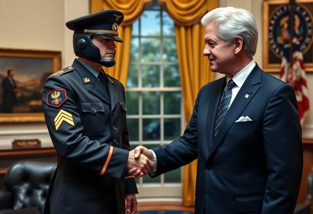 classic cobra commander in an immaculate military dress uniform posing for photo shaking hands with president clinton of the united states in sharp suit inside the oval office, real photograph, infusion of gi joe and ww2 german style, photorealistic, correct hands, correct fingers, presidential seal, vote button, campaign photo, election, elegant scene, cobra tattoo, cobra insignia