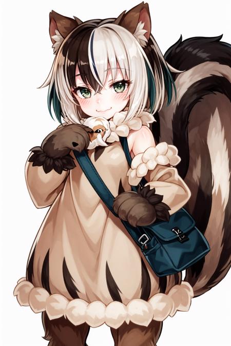 1girl, scroll, large tail, animal ears, multicolored hair, squirrel tail, solo, tail, fluffy, looking at viewer, squirrel ears, white hair, green eyes, brown hair, full body, smile, bag, hair between eyes, dress, brown dress, monster girl, striped tail, bare shoulders, blush, short hair, petite, :3, gradient hair, streaked hair, long sleeves, brown fur, animal ear fluff, puffy sleeves, animal hands, shoulder bag, closed mouth, digitigrade, bangs