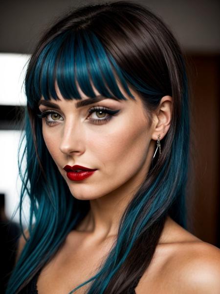 a woman with blue hair and red lipstick, beautiful symmetrical eyes, sexy girl with dark brown hair, very beautiful goth top model, inspired by Olivia de Berardinis, short brown hair with bangs, cosplay on black harley queen, human realistic face, ellora, vanessa morgan, profile picture 1024px, vibrancy,