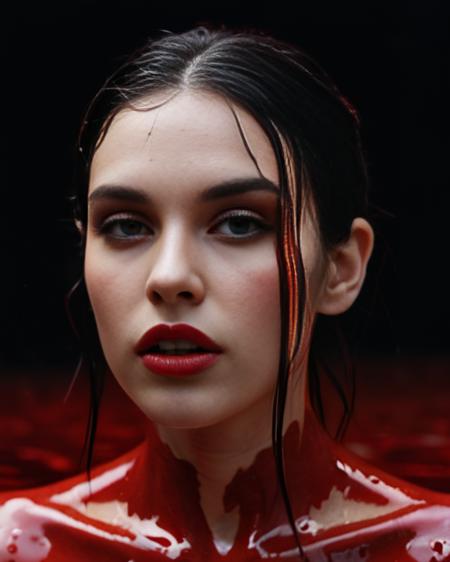 fashion editorial, a portrait of a young beautiful darkhaired woman in blood red water, wet hair and skeen, mystical gaze, highres, realistic photo, professional photography, cinematic angle, dynamic light back shining,