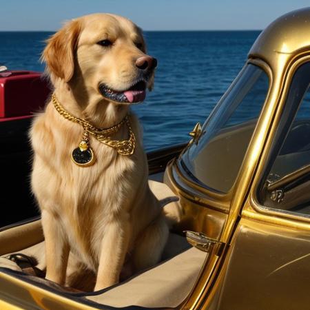 A golden retriever with gold chains and aviator sunglasses, rubbing his paws