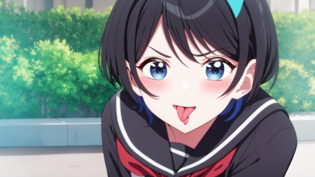 saegusayuu, 1girl, solo, tongue, tongue out, school uniform, serafuku, hairband, blush, outdoors, black serafuku, looking at viewer, sailor collar, neckerchief, v-shaped eyebrows, blue hairband, red neckerchief, black sailor collar, upper body, black shirt, :p, bush, shirt