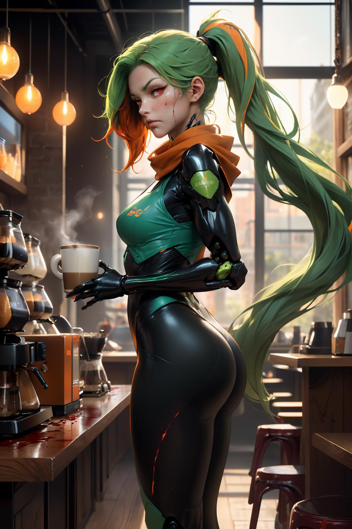 A woman in a green outfit holding a cup of coffee.