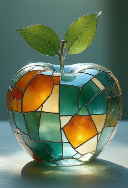 An exquisite and surreal depiction of a beautifully crafted apple made of crystal-clear glass, symbolizing the harmony of two seasons, rendered in a fractured, stained-glass Cubist style. The composition fractures the apple into geometric shards, each reflecting a different aspect of springtime and autumn â blossoms and falling leaves, vibrant green and warm oranges. Multiple perspectives reveal the apple's crystalline structure, blending photorealistic detail with abstract fragmentation. Hues of emerald, ruby, and gold dominate the palette, contrasted by stark black outlines and a gentle, internal luminescence that emanates from within the glass. The overall effect is a visually arresting representation of cyclical change, beauty, and the delicate balance of nature. Ultra detailed, 8k resolution, volumetric lighting, octane render, emphasizing the transparency and reflective qualities of the glass.