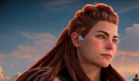 Aloy, (masterpiece),((ultra-detailed)), (highly detailed CG illustration), (best quality:1.2),realistic8K UHD,High definition,High quality texture,intricate details,detailed texture,finely detailed,high detail,extremely detailed cg,High quality shadow,a realistic representation of the face,Detailed beautiful delicate face,Detailed beautiful delicate eyes, brown eye pupil, a face of perfect proportion,Depth of field,Cinematic Light,Lens Flare,Ray tracing,perspective,20s,blush,glossy lips,perfect body,lean body,Particles of Light,(storm:1.3),, distinct_image, high_resolution, (lustrous skin), solo focus, (red hair), (finely detailed beautiful eyes and detailed face),(detailed face), (hair streaked hair), light source contrast, long hair, (modern clothing:1.5), (high detailed skin:1.2), 8k uhd, dslr, soft lighting, high quality,