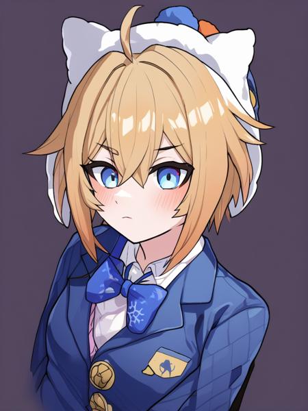 Lynx Landau is a girl with short yellow hair and blue eyes, hukeyifu costume, Animal hat,