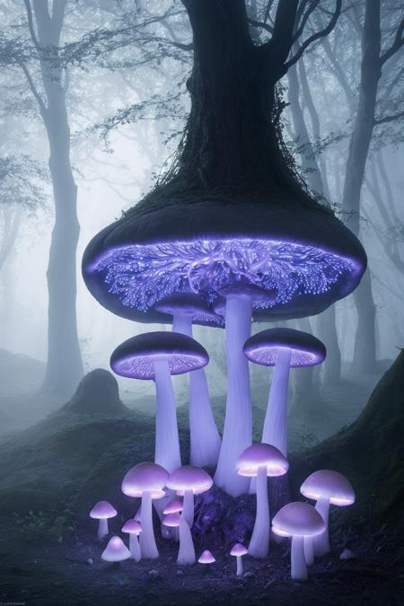 misty enchanted forest, glowing mushrooms scattered on the forest floor, ancient trees with twisting branches, soft blue and purple lighting, gentle fog rays through trees, fantasy magical vibe, high detail forest floor