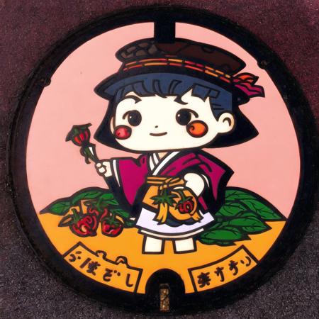 <lora:japanese_manhole_t2:1.0>,  (japanese_manhole:1.0), colored metal, colorless metal, a manhole cover,  1girl, barefoot, bell pepper, black eyes, blue hair, blush stickers, bowl, bowl hat, cherry tomato, chibi, chili pepper, english commentary, eyebrows visible through hair, food, hat, highres, japanese clothes, kimono, looking to the side, minigirl, no lineart, noredji, obi, onion, pepper, pink background, red kimono, sash, short hair, simple background, solo, standing, symbol commentary, vegetable, wide shot