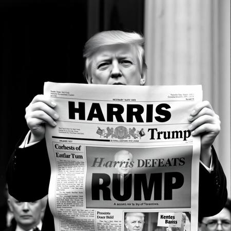 A black and white photo of Donald Trump holding up a newspaper with the title "Harris Defeats Trump".  This photo is an homage to the famous photo of Dewey defeats Truman.