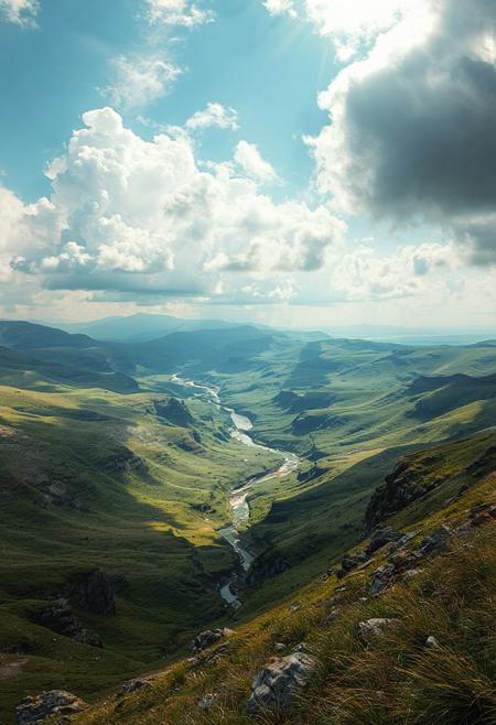 Generate a breathtaking panoramic landscape featuring rolling green hills, distant mountains, and a winding river snaking through the valley below. The sky is filled with fluffy white clouds illuminated by soft sunlight, creating a sense of depth and atmosphere. Focus on capturing the textures of the grass, rocks, and water, as well as the interplay of light and shadow across the terrain.  Render in a photorealistic style with high detail and vibrant colors. 8k resolution, cinematic lighting, inspired by Ansel Adams and Thomas Cole.