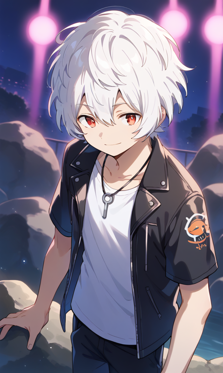 yuma kuga,white hair,red eyes,hair between eyes,bangs,