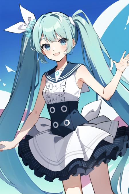 <lora:Hatsune Miku(Blue Archive):0.8>, buruaka miku, bangs, twintails, aqua hair, hair ornament, very long hair, blue eyes, frills, sleeveless, sailor collar, sleeveless shirt, skirt, fcoowboy shot, smile