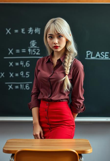 photorealistic eyes, realistic skin texture, 
detailed, hyper-detailed,  intricate details, detailed skin, blonde Chinese girl, 
 <lora:train_insta_dataset_lora_bsy_SDXLB_03:1> realistic, photorealistic, 1woman, solo, school teacher, sexy teacher, long hair, white blonde hair,  blonde_hair, bangs and low loose braid, medium perky breasts, medium_breasts,  looking_at_viewer, blue_eyes, shirt, red pencil skirt, long sleeves, full round lips:0.9, glossy red lipsticks:2.2, lips slightly parted, very_long_hair, standing in front of blackboard, (math equations on blackboard, equation is “x = BUZZ PLEASE”:1.5), collarbone, thighs, pantyhose, cowboy_shot:0.8, collared_shirt, indoors, miniskirt, dress_shirt, buttons, expressionless, chair, hair_over_shoulder, red_skirt, forehead, desk, sleeves_rolled_up, pleated_skirt, high-waist_skirt, contrapposto, shirt_tucked_in, arms_at_sides, nose, realistic, classroom, school_desk, shirt partially unbuttoned and open:1.2, chalkboard, bra_visible_through_clothes, school, sleeves_pushed_up, asian, photorealistic