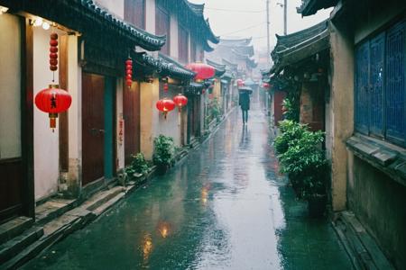 film photography style, 35mm, realistic photo of a chinese narrow street, rain, <lora:SDXL_FILM_PHOTOGRAPHY_STYLE_Alphav0.2:1>