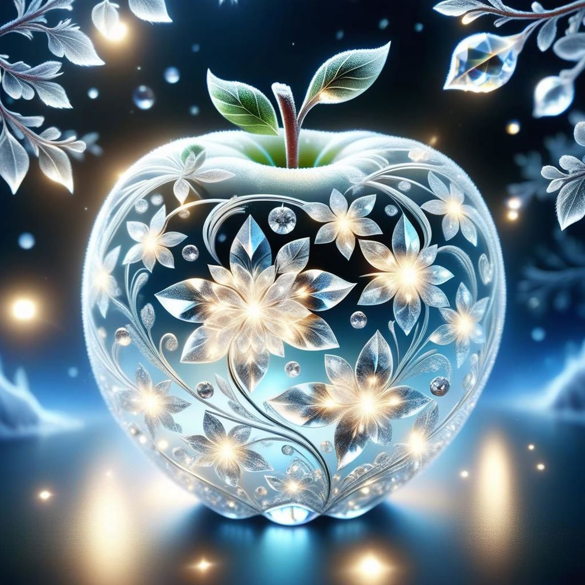 A beautifully stylized, glass apple with a flower stem and flower decorations.