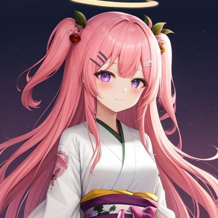 Ambrie pink hair, purple eyes bangs, bhair ornament, hairclip, halo,long hairone side up