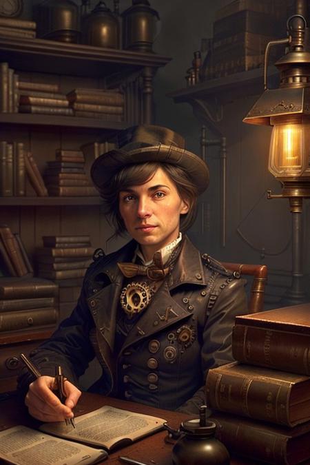 score_9, score_8_up, score_7_up Portrait of a young handsome steampunk detective sitting at a cluttered desk, focusing on his intense expression. He has a serious look, and wears a dark Victorian coat. The lighting is warm from a single flickering oil lamp on the desk, casting shadows across his face. The background is blurred, with only hints of gears and bookshelves. The scene is richly detailed in sepia tones, creating a mysterious, close-up, waist-up composition