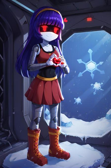 MD-Doll android, robot, joints, mechanical_arms, mechanical legs, long purple hair, hollow eyes, red pixel eyes red crop top, red skirt, black tank top, red boots [optional]: red dress, casting spell, magic, glowing hand red helmet