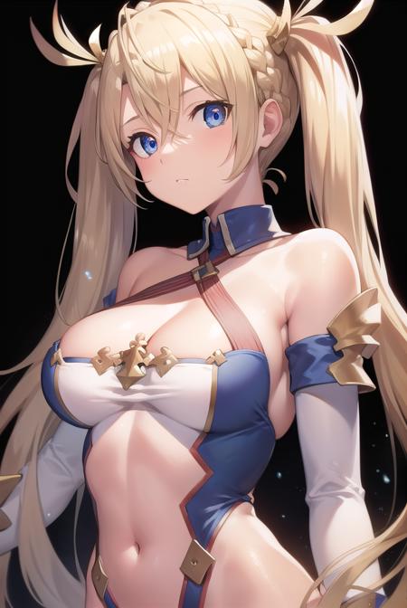 bradamante, blonde hair, blue eyes, braid, french braid, long hair, twintails, two side up, covered navel, elbow gloves, gloves, leotard, thigh strap,