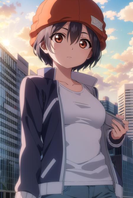 fuukoizumo, <lyco:fuuko izumo s1-lyco-nochekaiser:1>,
fuuko izumo, black hair, hair between eyes, (brown eyes:1.5), short hair,
BREAK shirt, white shirt, jacket, open jacket, pants, denim, beanie, (red beanie:1.2),
BREAK outdoors, city, sky, clouds, sun,
BREAK looking at viewer, (cowboy shot:1.5),
BREAK <lyco:GoodHands-beta2:1>, (masterpiece:1.2), best quality, high resolution, unity 8k wallpaper, (illustration:0.8), (beautiful detailed eyes:1.6), extremely detailed face, perfect lighting, extremely detailed CG, (perfect hands, perfect anatomy),