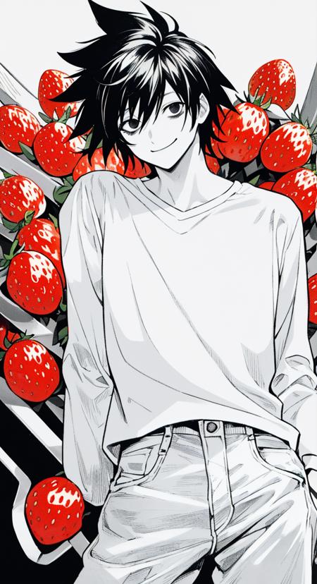 masterpiece, ultra detailed, highres, 1boy, (cowboy shot of lawliet looking at the viewer holding a strawberry), smile, spiked hair, black hair, white shirt, denim pants, looking at viewer, black eyes, strawberry pattern background, dramatic lighting, limited palette black white and red, <lora:Lawlietv1:1>