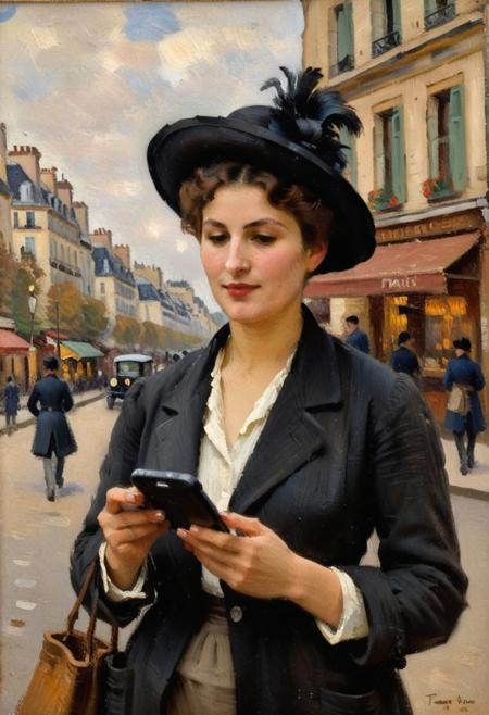 Impressionist painting of a woman in Paris in year 1910 holding a smartphone. Primarily uses a palette of warm skin tones, rich blacks, muted background colors, visible brush strokes.