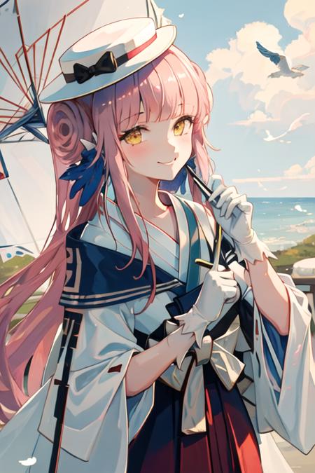 best quality, masterpiece, highres, solo, {white kimono:1.35}, {red hakama:1.35}, {wide sleeves:1.20}, {ceylon_arknights:1.15}, long_hair, bangs, pink_hair, feather_hair, feathers, hat, white_headwear, yellow_eyes, blue_feathers, bow, hair_bun, hat_bow, smile, black_bow, upper_body